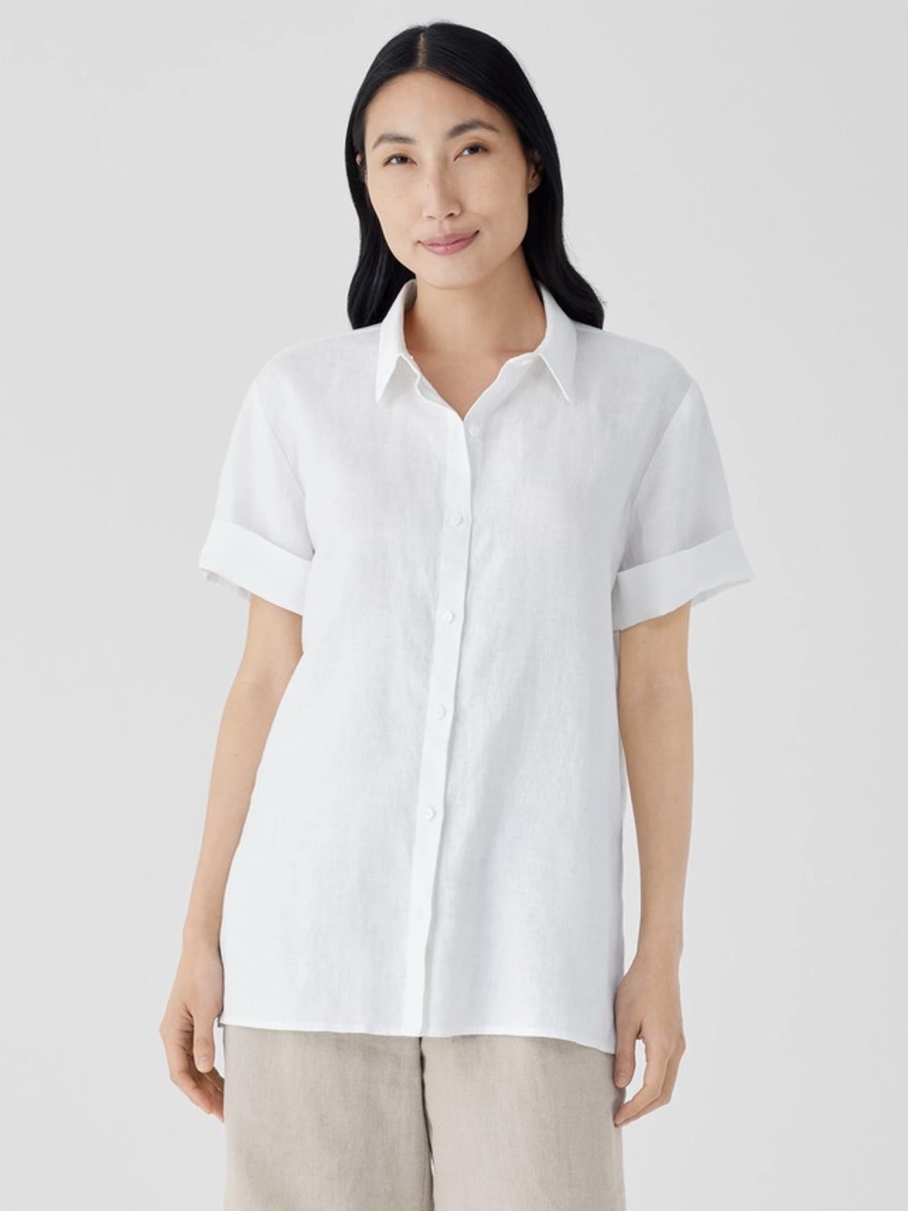 Eileen Fisher Organic Linen Classic Collar Short-Sleeve Shirt White 2X Button Up